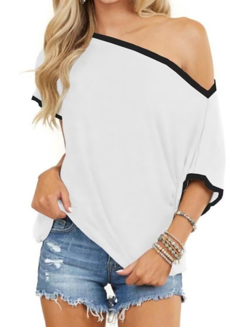 Women's White Off Shoulder Slouchy Boat Neck Short Sleeve Tunic Top